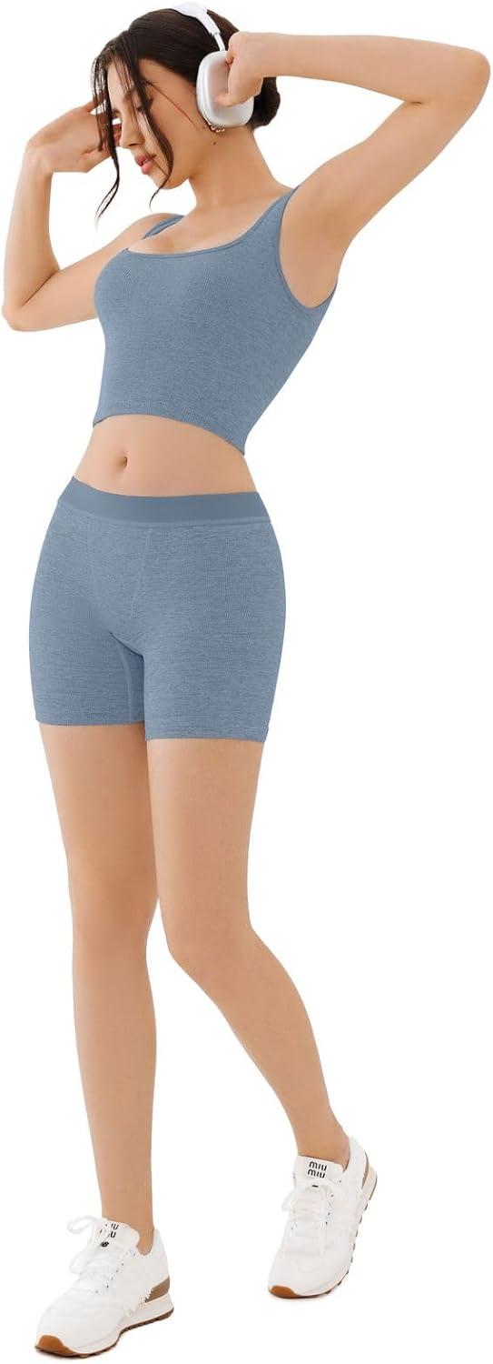 imageREORIA Matching Workout Sets for Women 2 Pieces Sleeveless Ribbed Crop Tank Mid Waist Shorts Lounge Yoga Outfits Active WearKyanite
