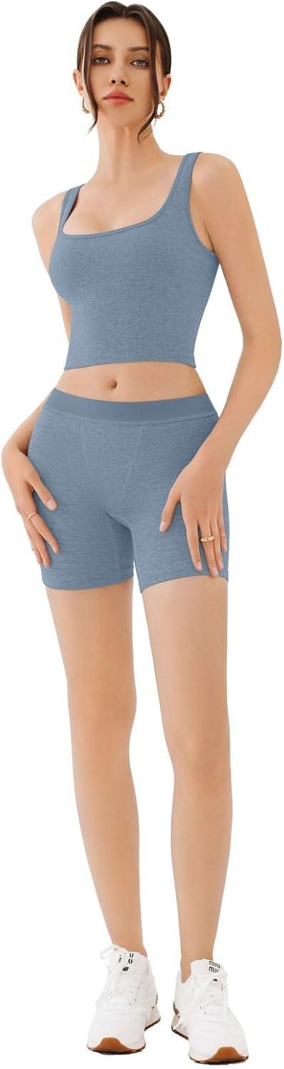 imageREORIA Matching Workout Sets for Women 2 Pieces Sleeveless Ribbed Crop Tank Mid Waist Shorts Lounge Yoga Outfits Active WearKyanite