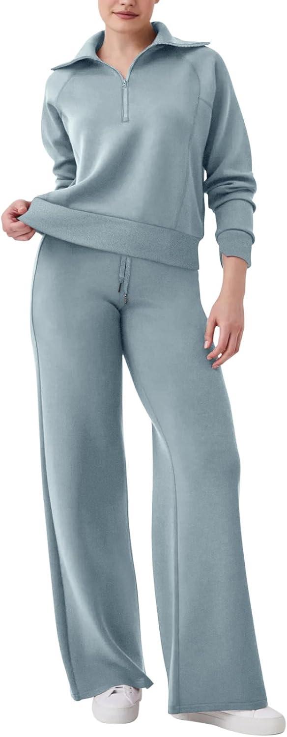 imageREORIA Women 2 Piece Outfits Fall Sweatsuit Oversized Sweatshirt Sweatpants Tracksuit Sweat Lounge Basic Matching Set 2024Acid Blue