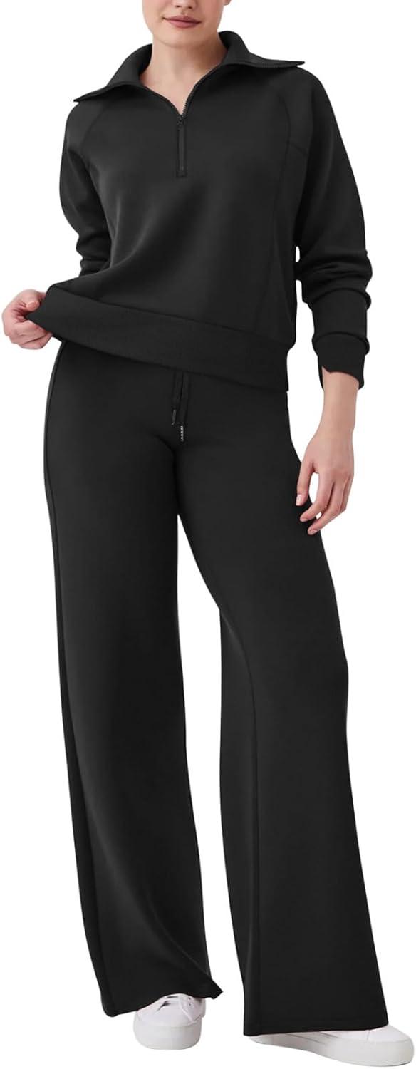 imageREORIA Women 2 Piece Outfits Fall Sweatsuit Oversized Sweatshirt Sweatpants Tracksuit Sweat Lounge Basic Matching Set 2024Black