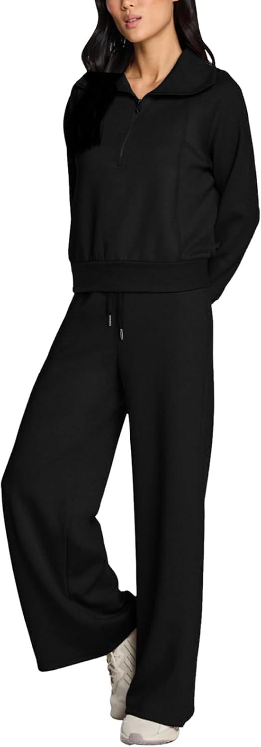 imageREORIA Women 2 Piece Outfits Fall Sweatsuit Oversized Sweatshirt Sweatpants Tracksuit Sweat Lounge Basic Matching Set 2024Black