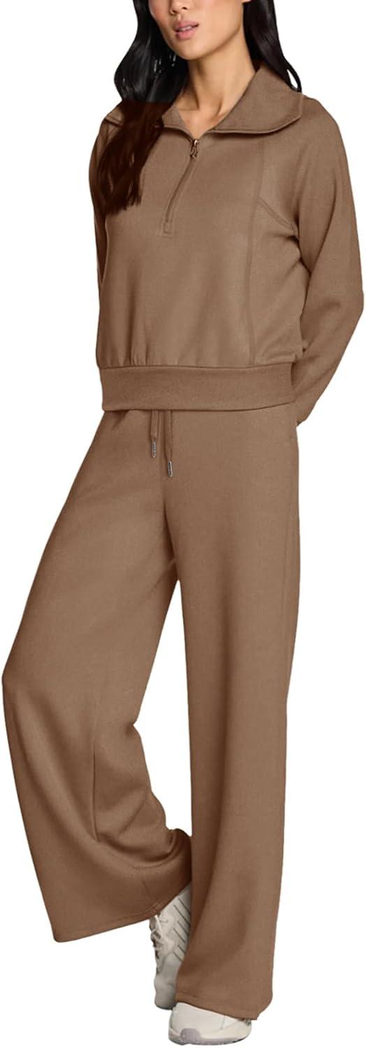 imageREORIA Women 2 Piece Outfits Fall Sweatsuit Oversized Sweatshirt Sweatpants Tracksuit Sweat Lounge Basic Matching Set 2024Coffee