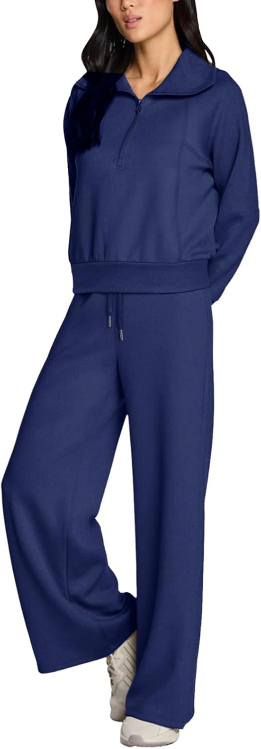imageREORIA Women 2 Piece Outfits Fall Sweatsuit Oversized Sweatshirt Sweatpants Tracksuit Sweat Lounge Basic Matching Set 2024Dark Blue