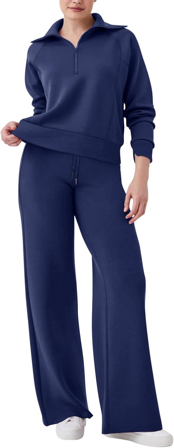 imageREORIA Women 2 Piece Outfits Fall Sweatsuit Oversized Sweatshirt Sweatpants Tracksuit Sweat Lounge Basic Matching Set 2024Dark Blue