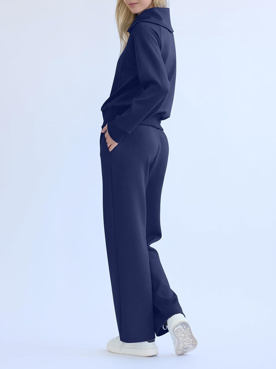imageREORIA Women 2 Piece Outfits Fall Sweatsuit Oversized Sweatshirt Sweatpants Tracksuit Sweat Lounge Basic Matching Set 2024Dark Blue
