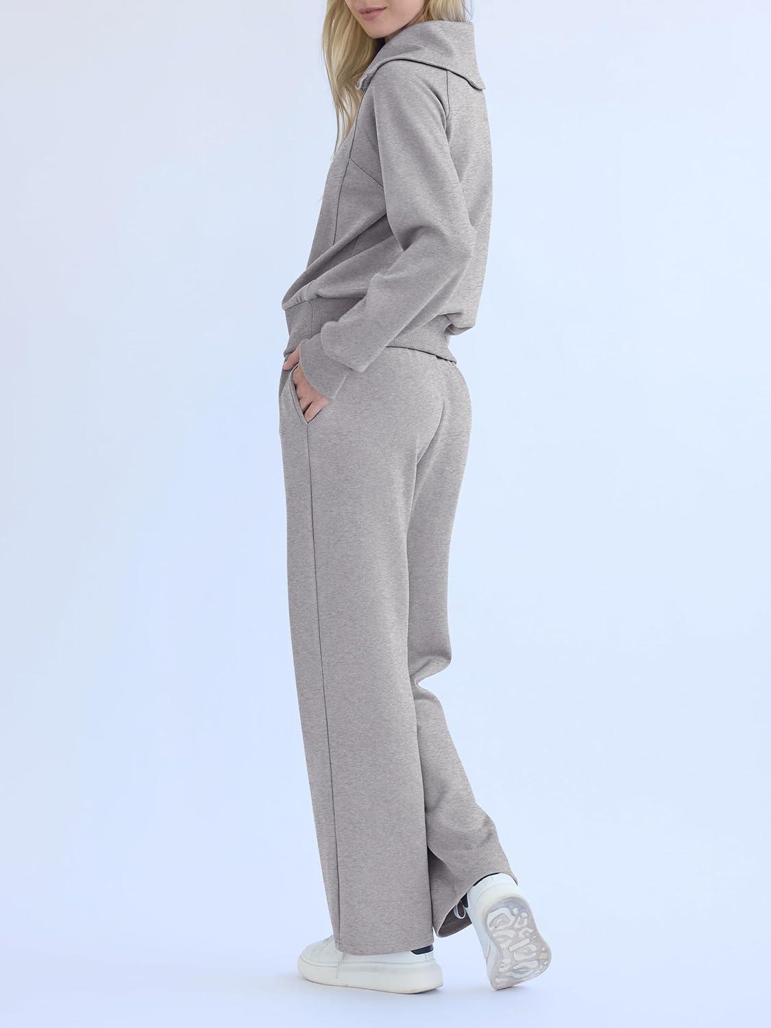 imageREORIA Women 2 Piece Outfits Fall Sweatsuit Oversized Sweatshirt Sweatpants Tracksuit Sweat Lounge Basic Matching Set 2024Grey