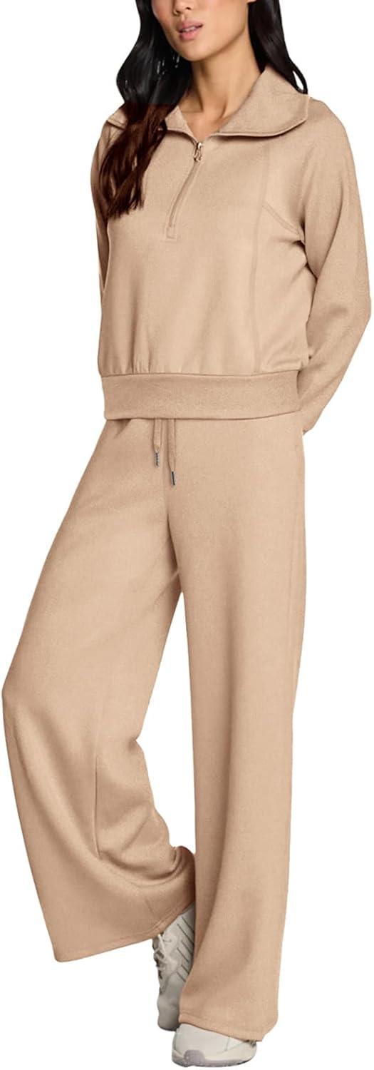 imageREORIA Women 2 Piece Outfits Fall Sweatsuit Oversized Sweatshirt Sweatpants Tracksuit Sweat Lounge Basic Matching Set 2024Khaki