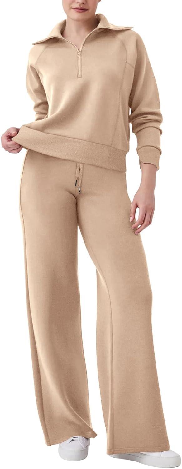 imageREORIA Women 2 Piece Outfits Fall Sweatsuit Oversized Sweatshirt Sweatpants Tracksuit Sweat Lounge Basic Matching Set 2024Khaki
