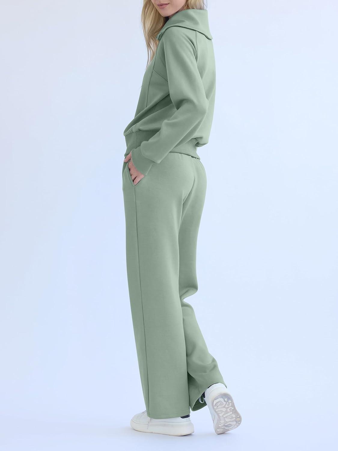 imageREORIA Women 2 Piece Outfits Fall Sweatsuit Oversized Sweatshirt Sweatpants Tracksuit Sweat Lounge Basic Matching Set 2024Mist Green