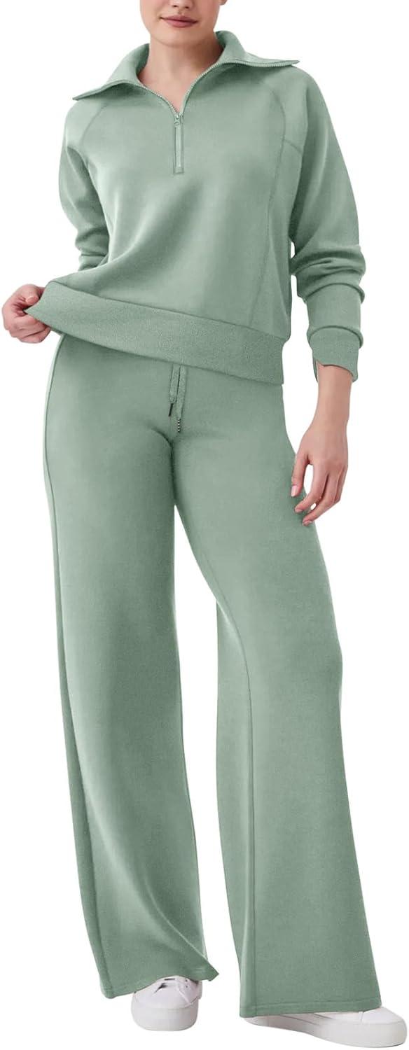 imageREORIA Women 2 Piece Outfits Fall Sweatsuit Oversized Sweatshirt Sweatpants Tracksuit Sweat Lounge Basic Matching Set 2024Mist Green