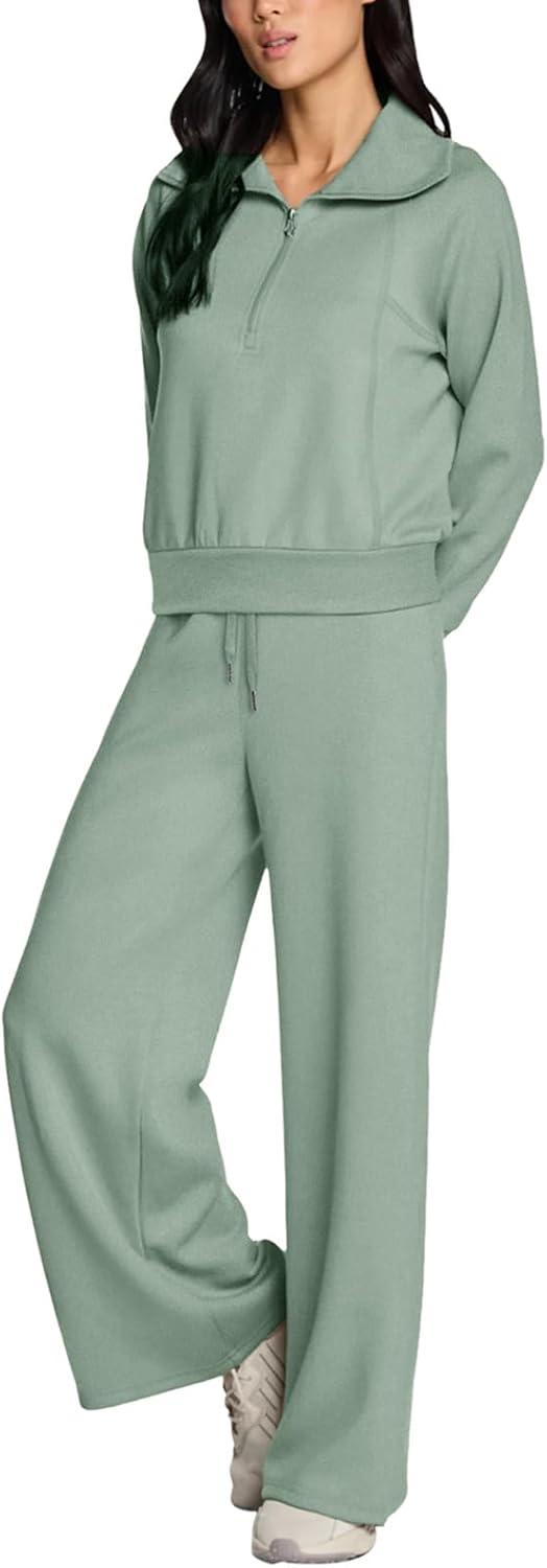 imageREORIA Women 2 Piece Outfits Fall Sweatsuit Oversized Sweatshirt Sweatpants Tracksuit Sweat Lounge Basic Matching Set 2024Mist Green