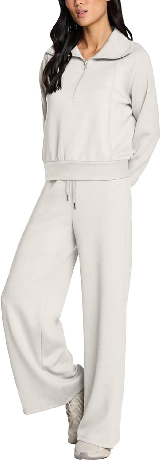 imageREORIA Women 2 Piece Outfits Fall Sweatsuit Oversized Sweatshirt Sweatpants Tracksuit Sweat Lounge Basic Matching Set 2024White