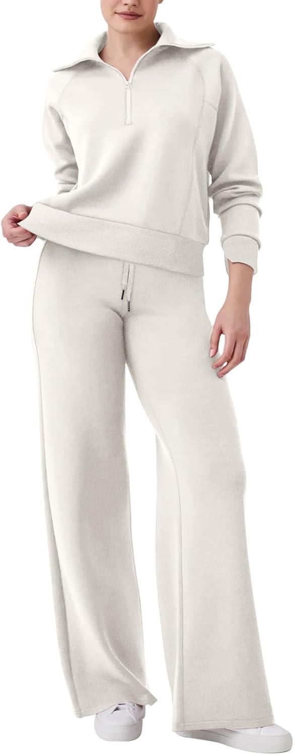 imageREORIA Women 2 Piece Outfits Fall Sweatsuit Oversized Sweatshirt Sweatpants Tracksuit Sweat Lounge Basic Matching Set 2024White