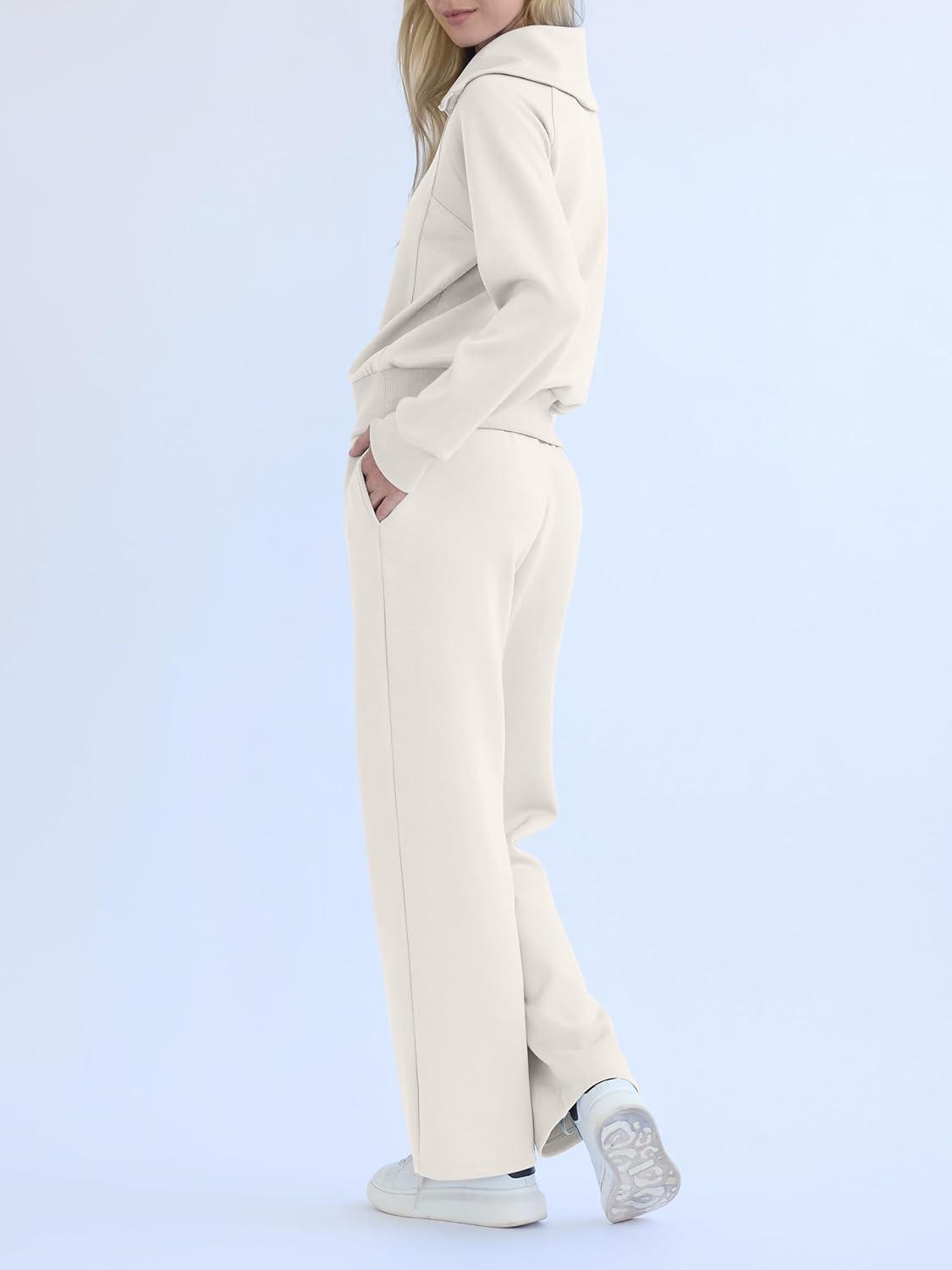 imageREORIA Women 2 Piece Outfits Fall Sweatsuit Oversized Sweatshirt Sweatpants Tracksuit Sweat Lounge Basic Matching Set 2024White