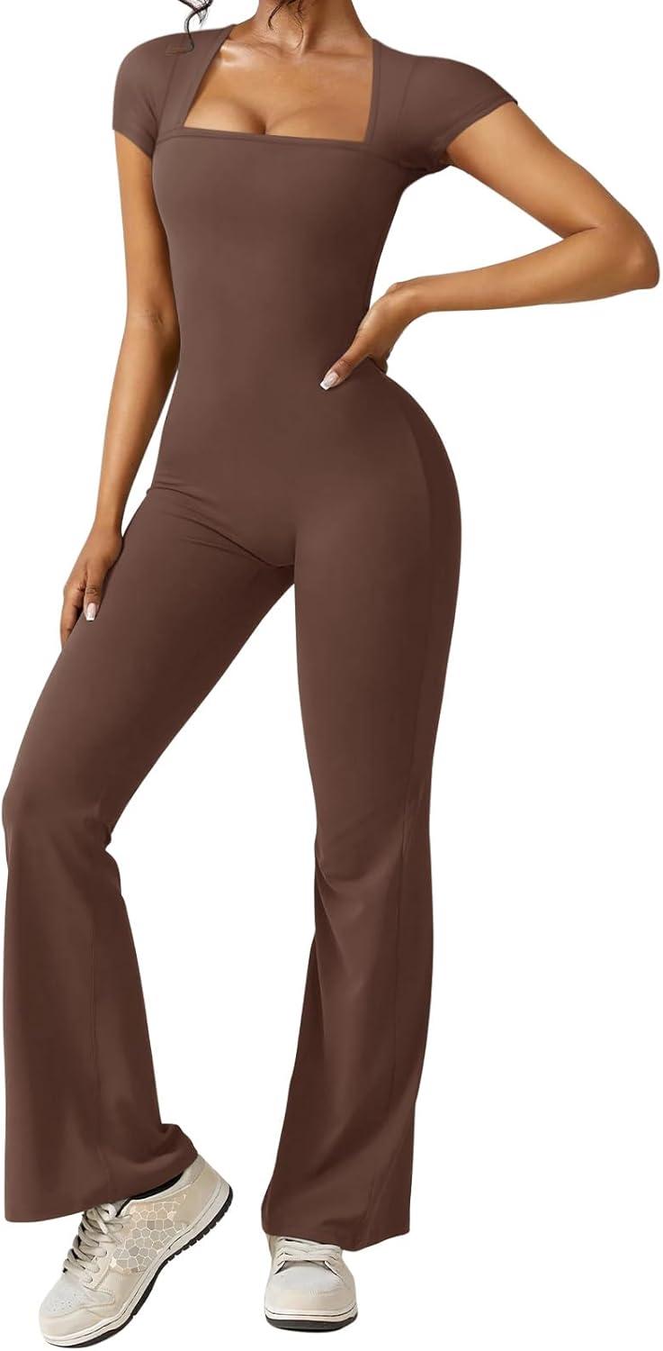 imageREORIA Women Sexy Square Neck Short Sleeve Bodycon Jumpsuit Full Length Stretchy One Piece Yoga Flare JumpsuitsCoffee