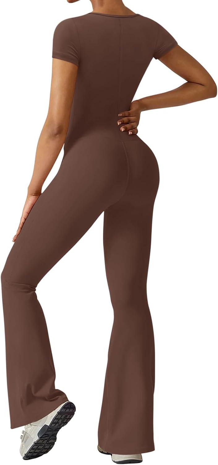 imageREORIA Women Sexy Square Neck Short Sleeve Bodycon Jumpsuit Full Length Stretchy One Piece Yoga Flare JumpsuitsCoffee