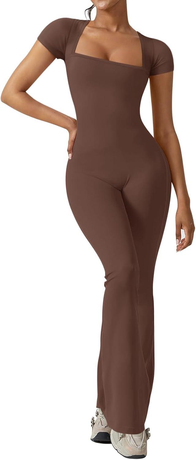 imageREORIA Women Sexy Square Neck Short Sleeve Bodycon Jumpsuit Full Length Stretchy One Piece Yoga Flare JumpsuitsCoffee