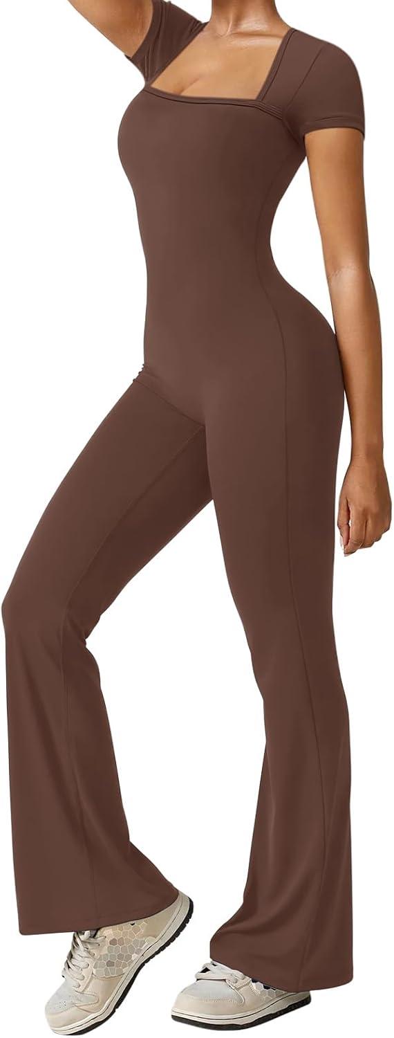 imageREORIA Women Sexy Square Neck Short Sleeve Bodycon Jumpsuit Full Length Stretchy One Piece Yoga Flare JumpsuitsCoffee