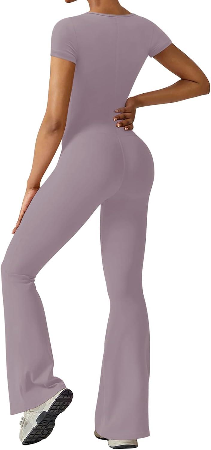 imageREORIA Women Sexy Square Neck Short Sleeve Bodycon Jumpsuit Full Length Stretchy One Piece Yoga Flare JumpsuitsHazy Lilac