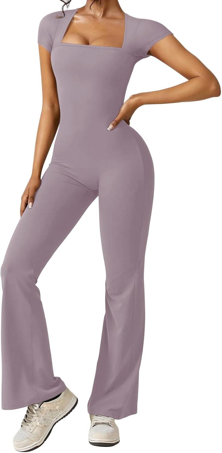 imageREORIA Women Sexy Square Neck Short Sleeve Bodycon Jumpsuit Full Length Stretchy One Piece Yoga Flare JumpsuitsHazy Lilac