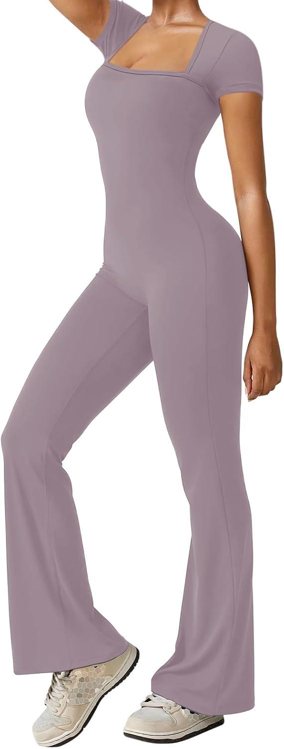 imageREORIA Women Sexy Square Neck Short Sleeve Bodycon Jumpsuit Full Length Stretchy One Piece Yoga Flare JumpsuitsHazy Lilac