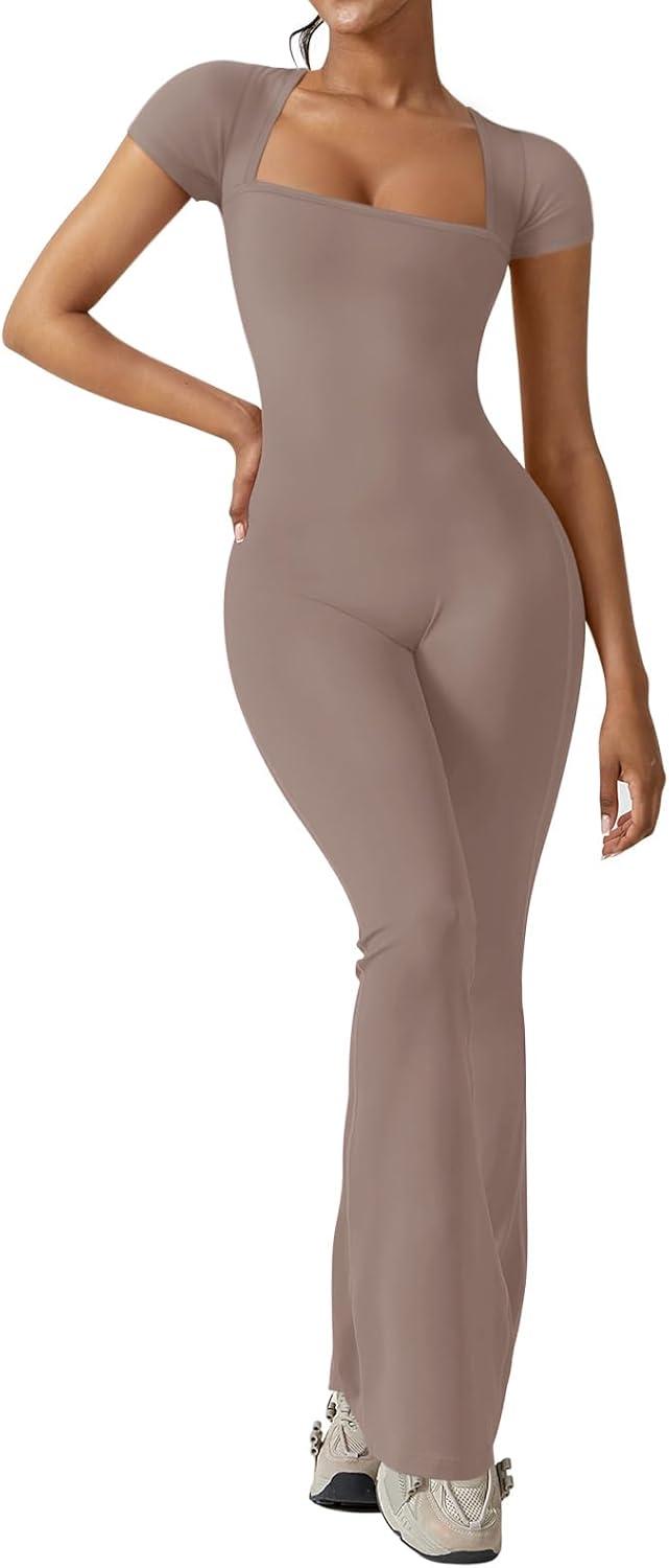 imageREORIA Women Sexy Square Neck Short Sleeve Bodycon Jumpsuit Full Length Stretchy One Piece Yoga Flare JumpsuitsTaupe