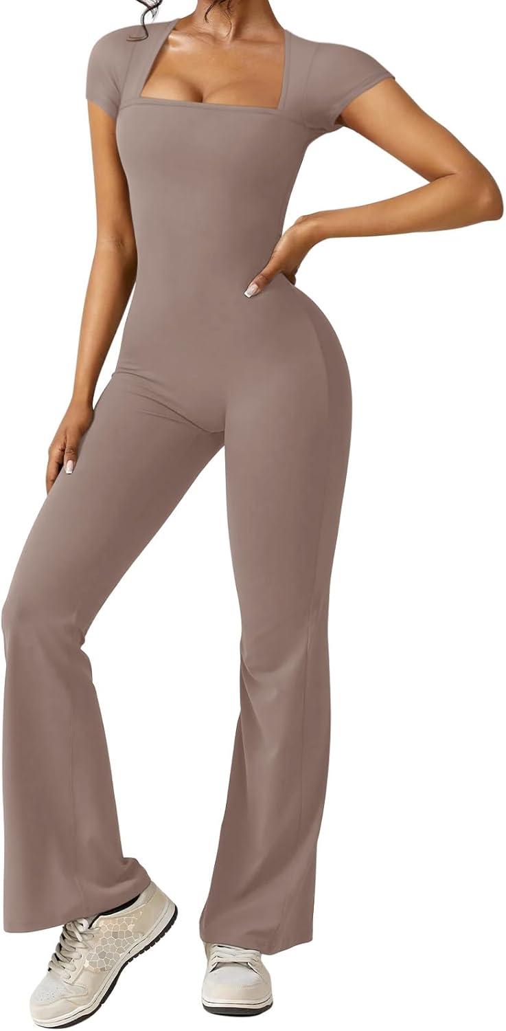 imageREORIA Women Sexy Square Neck Short Sleeve Bodycon Jumpsuit Full Length Stretchy One Piece Yoga Flare JumpsuitsTaupe