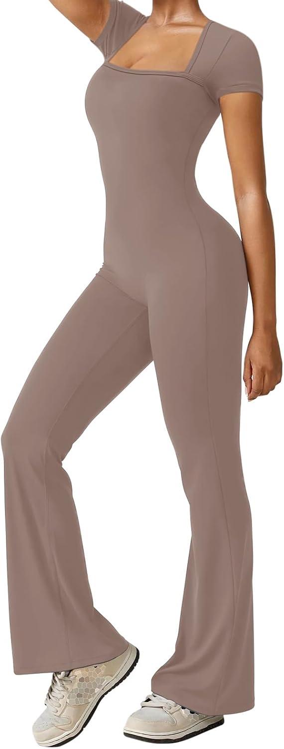 imageREORIA Women Sexy Square Neck Short Sleeve Bodycon Jumpsuit Full Length Stretchy One Piece Yoga Flare JumpsuitsTaupe