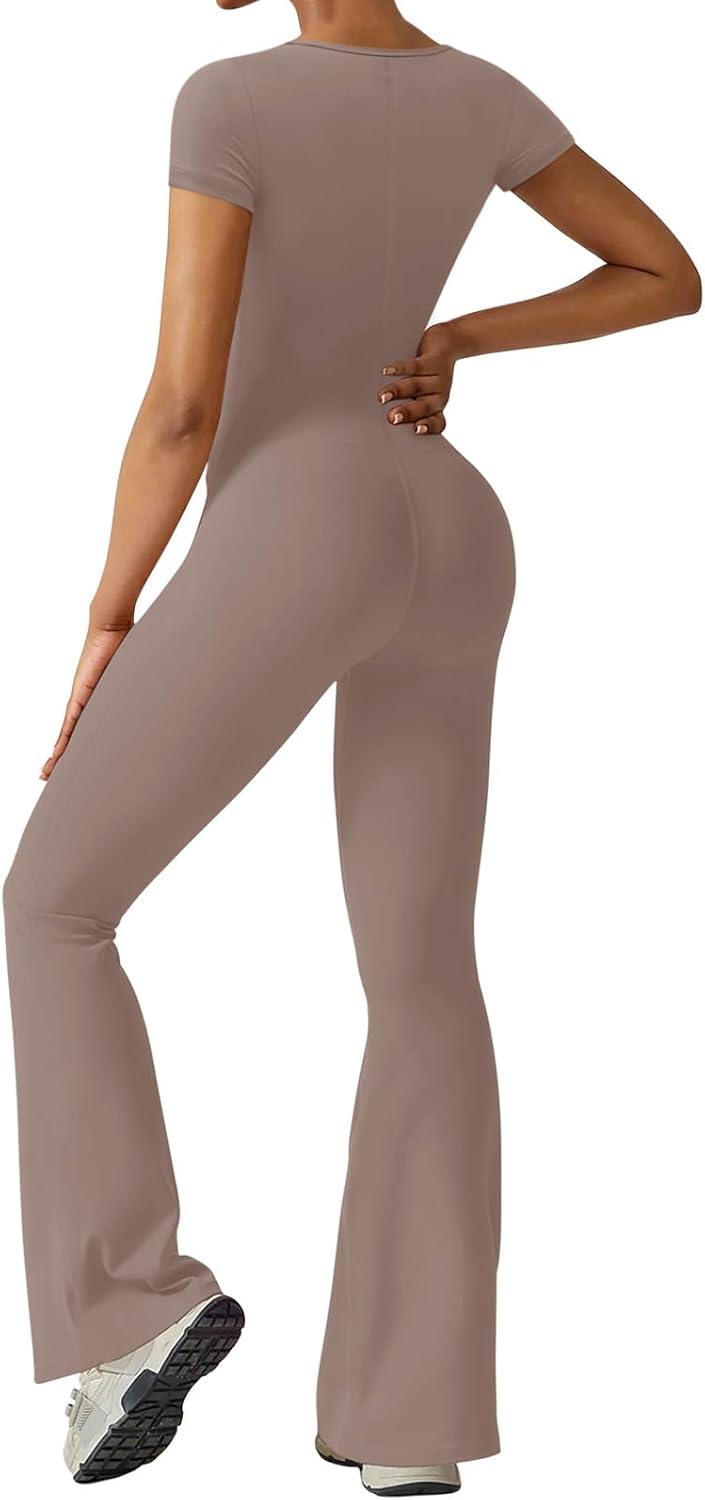 imageREORIA Women Sexy Square Neck Short Sleeve Bodycon Jumpsuit Full Length Stretchy One Piece Yoga Flare JumpsuitsTaupe