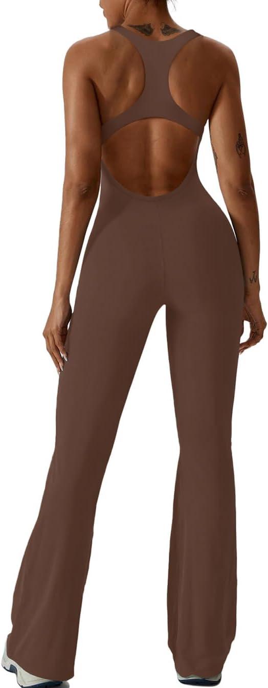 imageREORIA Women Trendy Summer Sexy Scoop Neck Sleeveless Backless Full Body Tummy Control Workout Bodycon Flare JumpsuitsCoffee