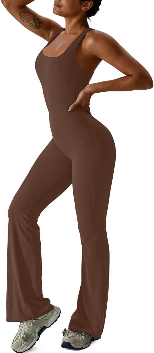 imageREORIA Women Trendy Summer Sexy Scoop Neck Sleeveless Backless Full Body Tummy Control Workout Bodycon Flare JumpsuitsCoffee