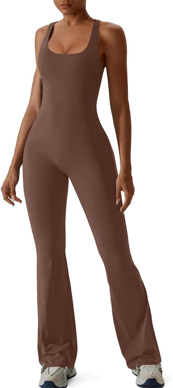 imageREORIA Women Trendy Summer Sexy Scoop Neck Sleeveless Backless Full Body Tummy Control Workout Bodycon Flare JumpsuitsCoffee