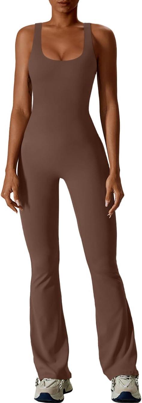 imageREORIA Women Trendy Summer Sexy Scoop Neck Sleeveless Backless Full Body Tummy Control Workout Bodycon Flare JumpsuitsCoffee