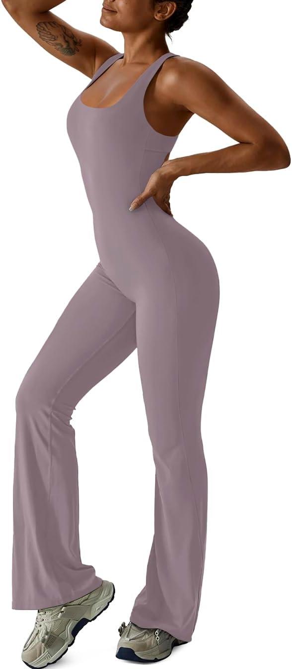 imageREORIA Women Trendy Summer Sexy Scoop Neck Sleeveless Backless Full Body Tummy Control Workout Bodycon Flare JumpsuitsHazy Lilac