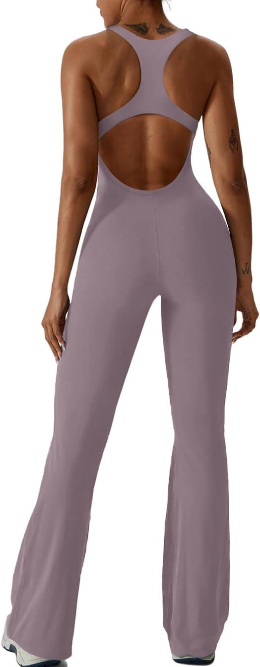 imageREORIA Women Trendy Summer Sexy Scoop Neck Sleeveless Backless Full Body Tummy Control Workout Bodycon Flare JumpsuitsHazy Lilac