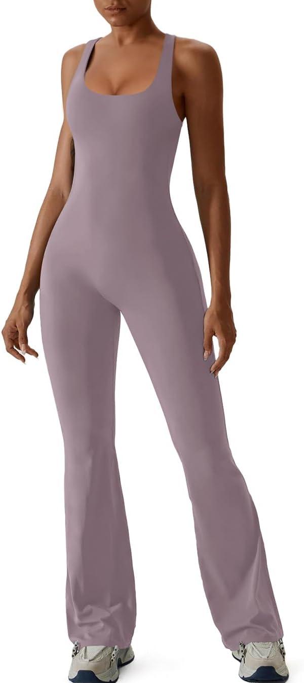 imageREORIA Women Trendy Summer Sexy Scoop Neck Sleeveless Backless Full Body Tummy Control Workout Bodycon Flare JumpsuitsHazy Lilac