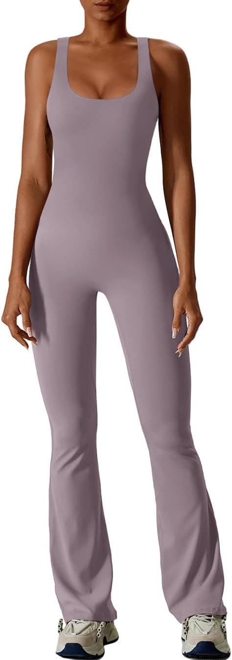 imageREORIA Women Trendy Summer Sexy Scoop Neck Sleeveless Backless Full Body Tummy Control Workout Bodycon Flare JumpsuitsHazy Lilac