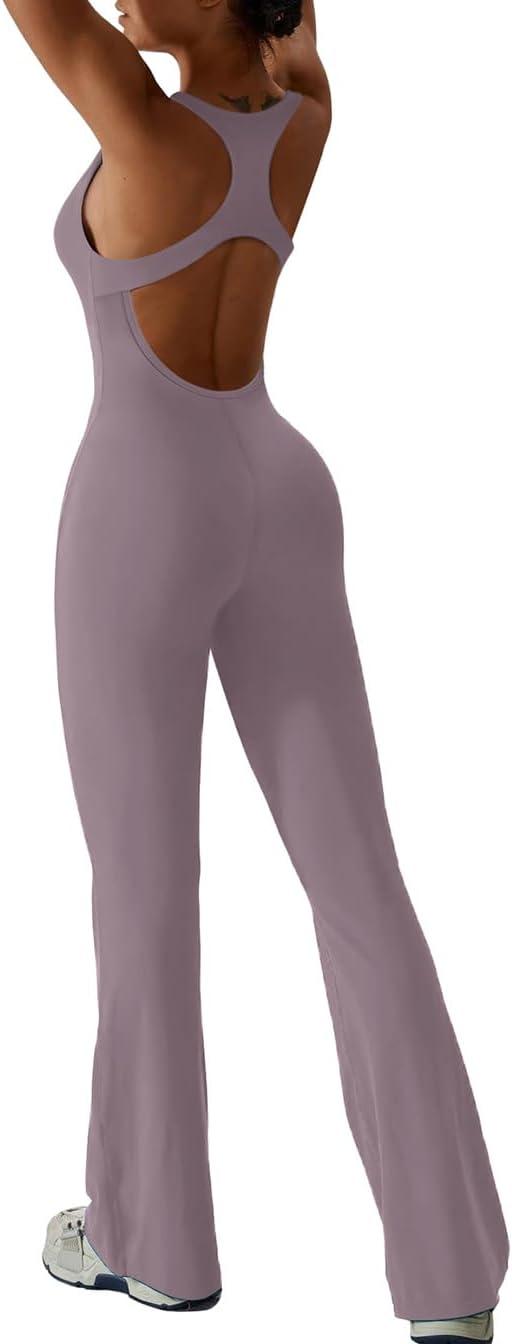 imageREORIA Women Trendy Summer Sexy Scoop Neck Sleeveless Backless Full Body Tummy Control Workout Bodycon Flare JumpsuitsHazy Lilac