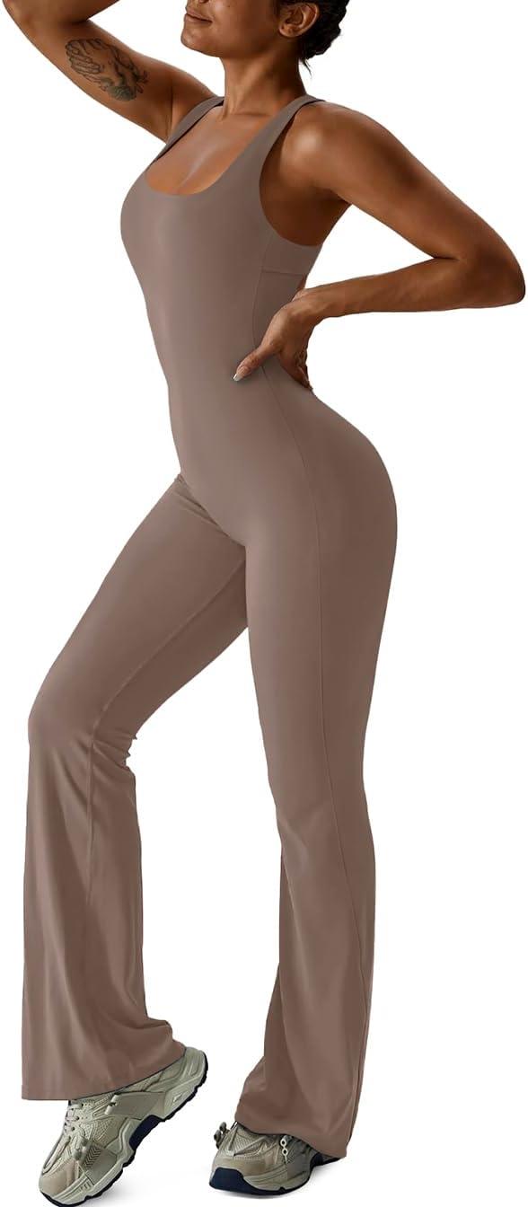 imageREORIA Women Trendy Summer Sexy Scoop Neck Sleeveless Backless Full Body Tummy Control Workout Bodycon Flare JumpsuitsTaupe