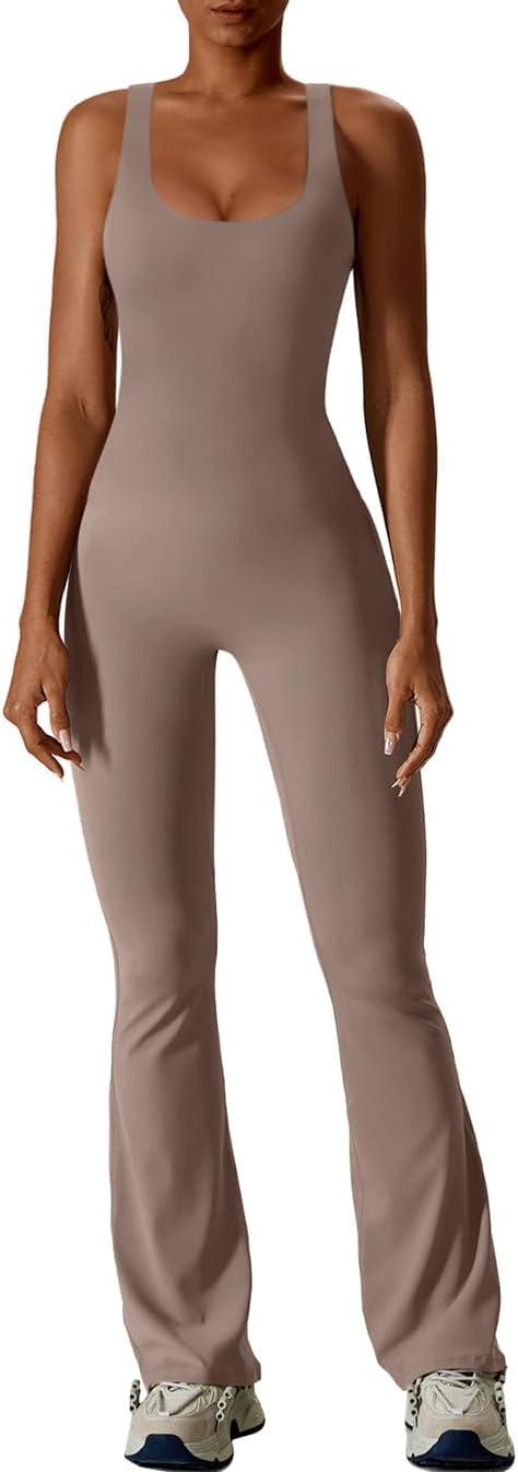 imageREORIA Women Trendy Summer Sexy Scoop Neck Sleeveless Backless Full Body Tummy Control Workout Bodycon Flare JumpsuitsTaupe
