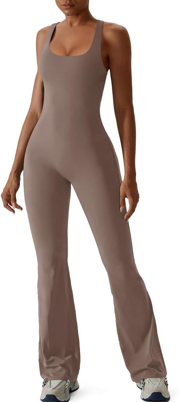 imageREORIA Women Trendy Summer Sexy Scoop Neck Sleeveless Backless Full Body Tummy Control Workout Bodycon Flare JumpsuitsTaupe