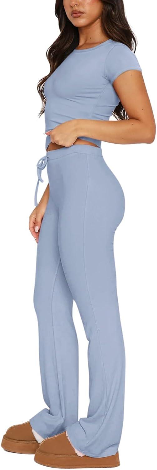 imageREORIA Womens 2 Piece Lounge Sets Short Sleeve Basic Tops Straight Leg Pants Comfy Casual Outfits TracksuitsLight Blue