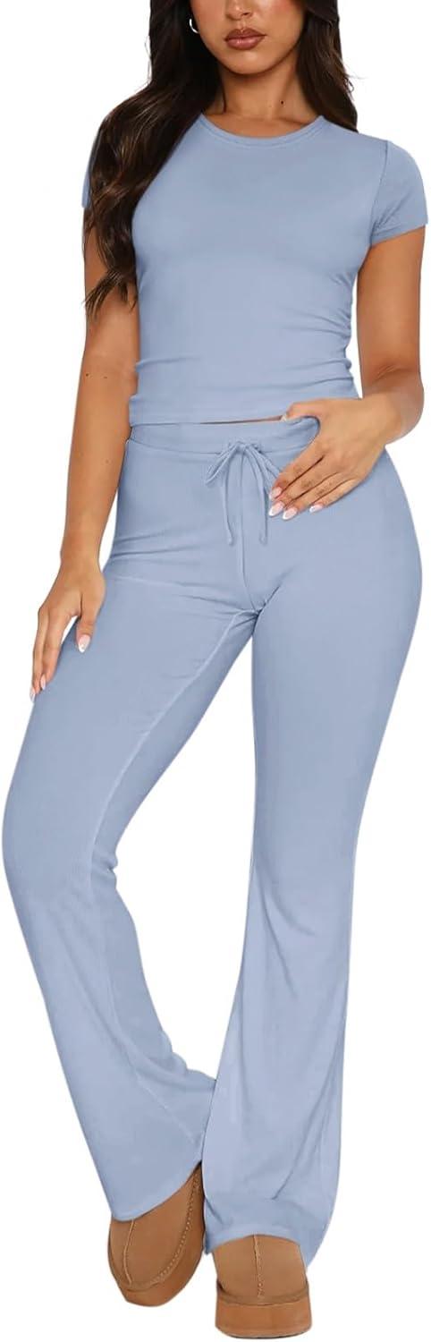 imageREORIA Womens 2 Piece Lounge Sets Short Sleeve Basic Tops Straight Leg Pants Comfy Casual Outfits TracksuitsLight Blue