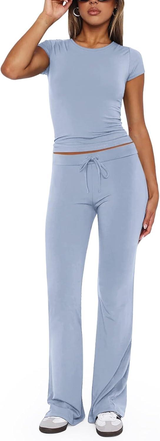 imageREORIA Womens 2 Piece Lounge Sets Short Sleeve Basic Tops Straight Leg Pants Comfy Casual Outfits TracksuitsLight Blue