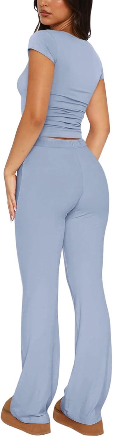 imageREORIA Womens 2 Piece Lounge Sets Short Sleeve Basic Tops Straight Leg Pants Comfy Casual Outfits TracksuitsLight Blue