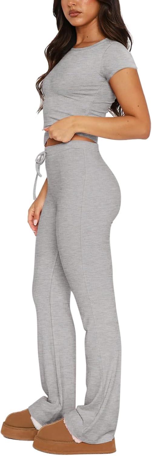 imageREORIA Womens 2 Piece Lounge Sets Short Sleeve Basic Tops Straight Leg Pants Comfy Casual Outfits TracksuitsLight Grey