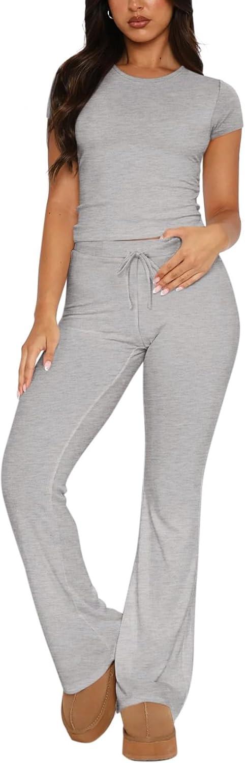 imageREORIA Womens 2 Piece Lounge Sets Short Sleeve Basic Tops Straight Leg Pants Comfy Casual Outfits TracksuitsLight Grey