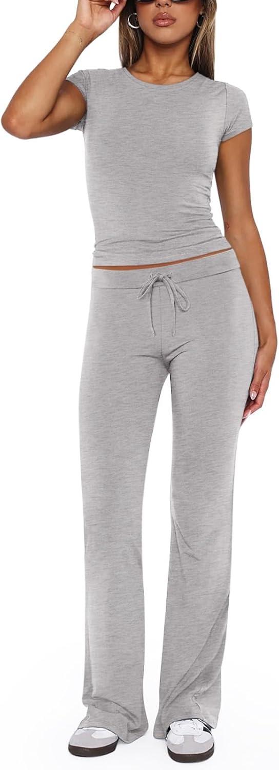 imageREORIA Womens 2 Piece Lounge Sets Short Sleeve Basic Tops Straight Leg Pants Comfy Casual Outfits TracksuitsLight Grey