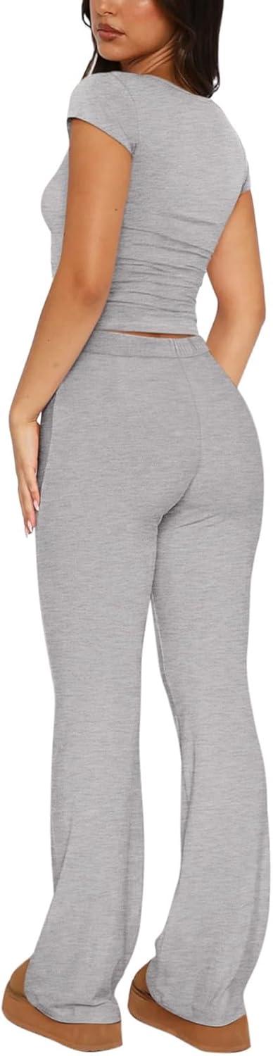 imageREORIA Womens 2 Piece Lounge Sets Short Sleeve Basic Tops Straight Leg Pants Comfy Casual Outfits TracksuitsLight Grey