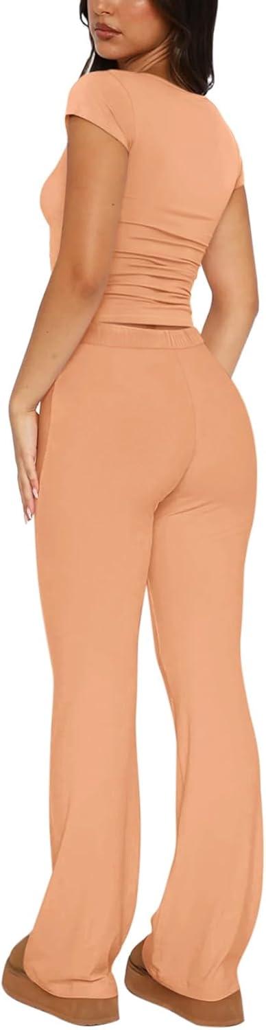 imageREORIA Womens 2 Piece Lounge Sets Short Sleeve Basic Tops Straight Leg Pants Comfy Casual Outfits TracksuitsPeach